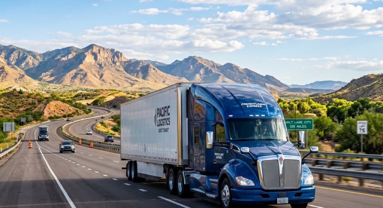 Sleek modern American 18-wheeler driving on highway