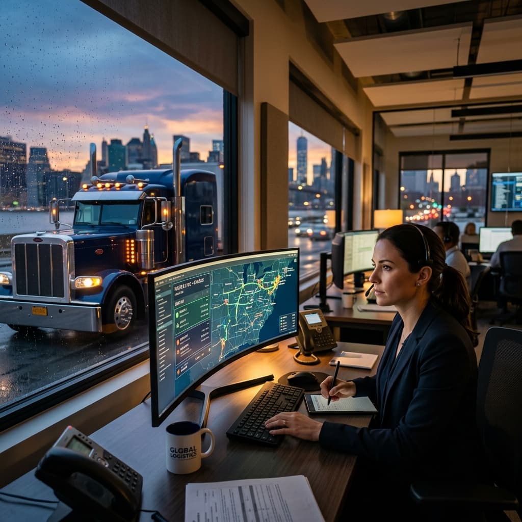Logistics dispatcher in an office managing fleet routes, with an 18-wheeler truck parked outside the window representing cash flow and dispatching
