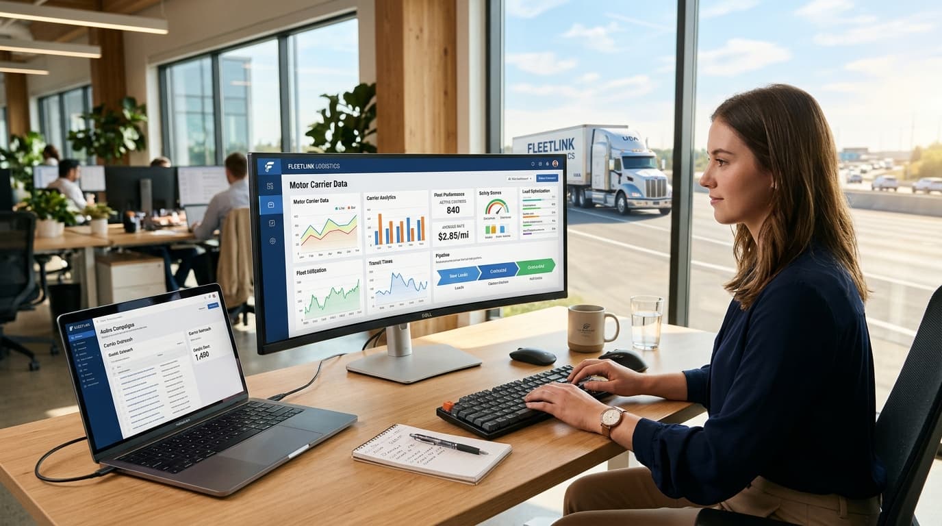 Modern logistics technology dashboard showing fresh daily DOT leads and outbound pipeline