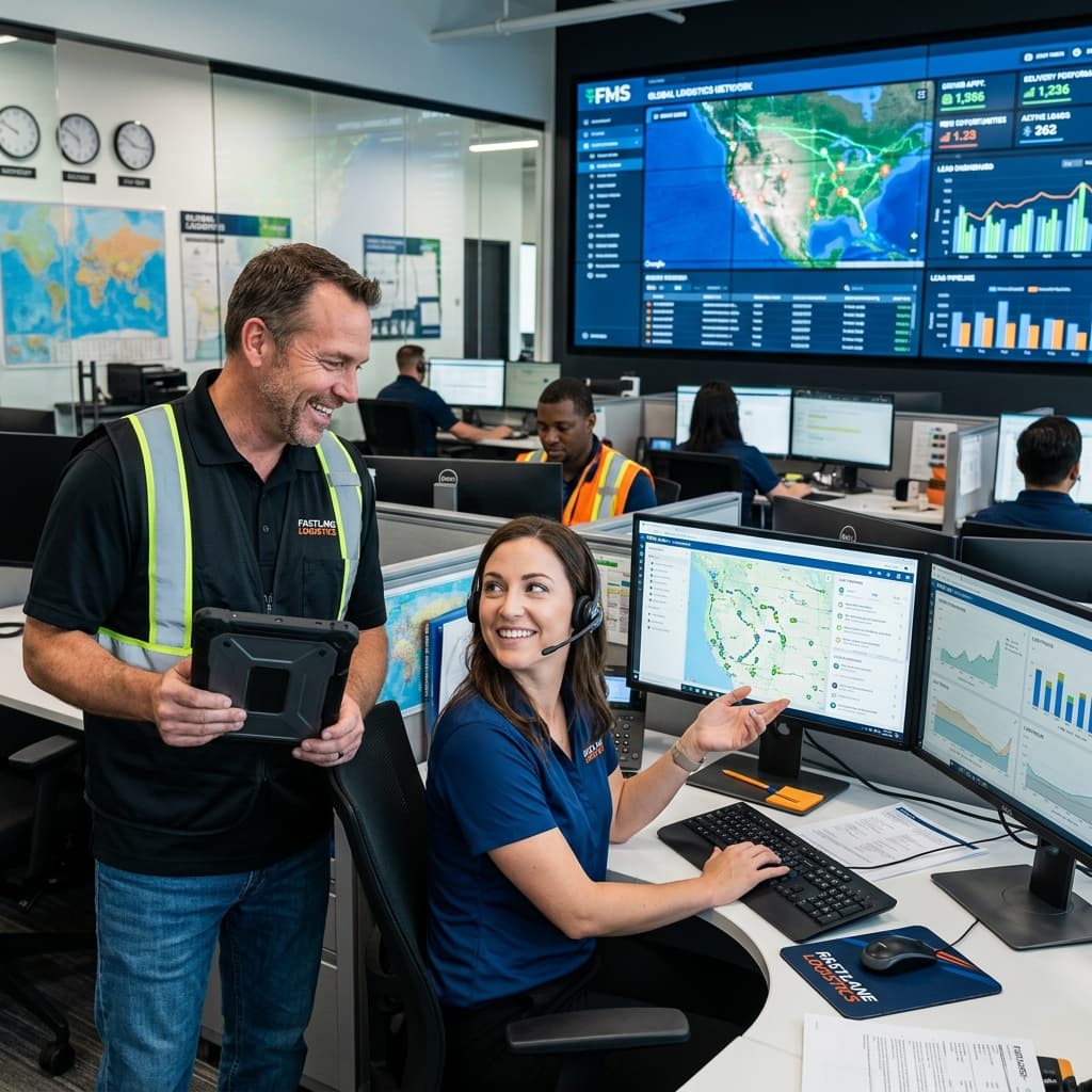 Professional logistics office showing lead generation and data analysis