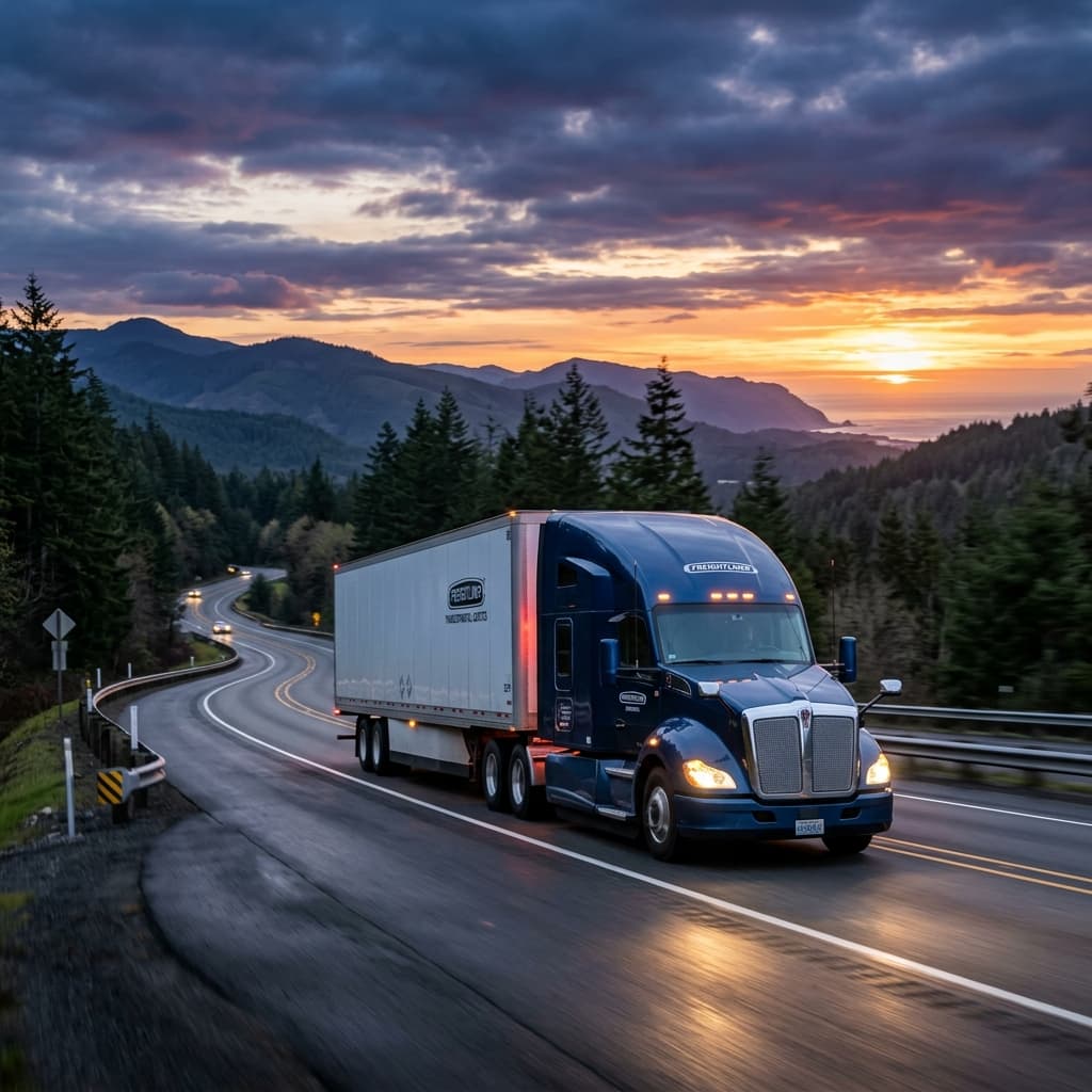 American 18-wheeler driving on a highway at sunset representing instant freight factoring